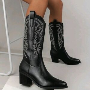 Women's Fashionable Black Western Boots,Ladies' embroidery western cowboy boots